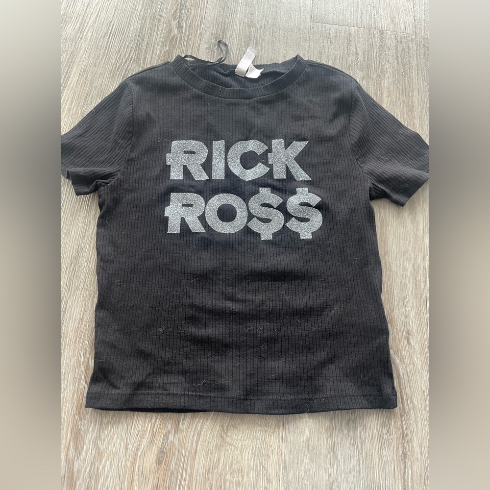 H&M BLACK RIBBED CROP TOP SHORT SLEEVE RICK ROCK S